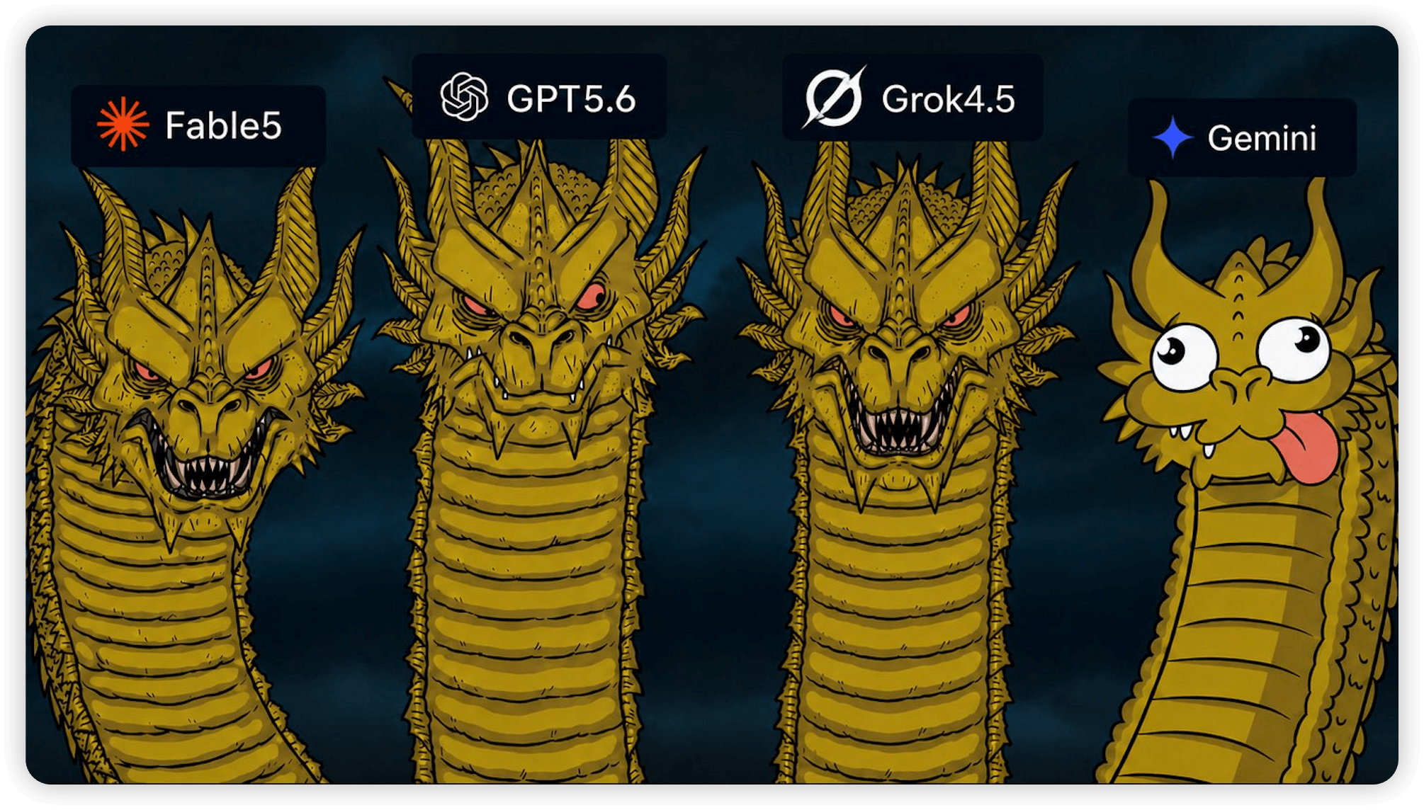 Fable 5、GPT-5.6、Grok 4.5 与 Gemini 四龙对比图